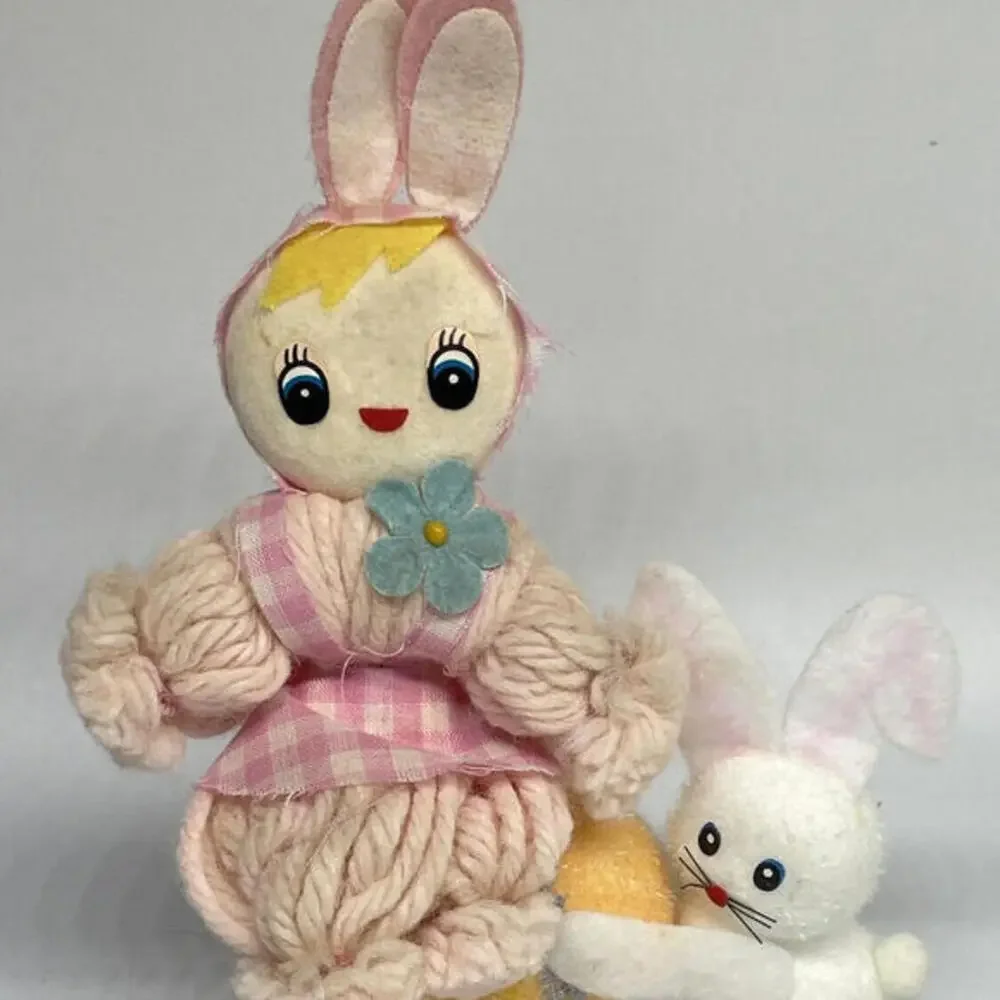 Felt Yarn Bunny Girl Doll Easter‎ Decoration Mid Century Taiwan Vintage